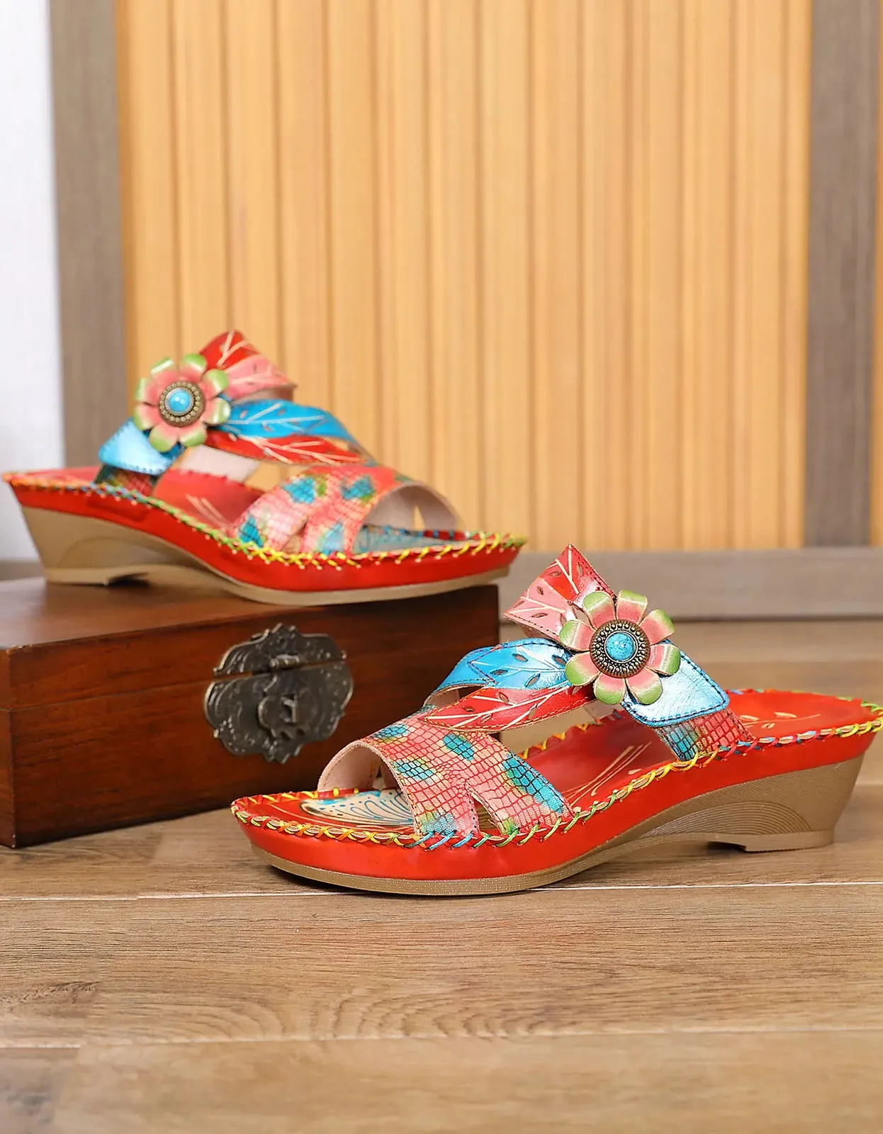 Leather Printed Chinese Style Slippers