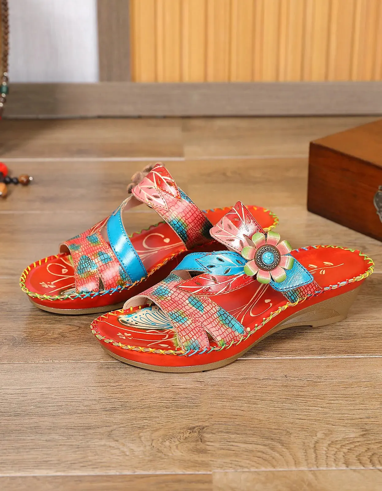 Leather Printed Chinese Style Slippers