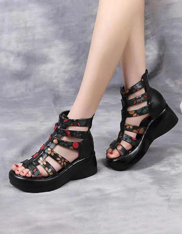 Leather Printed Wedge Heel Summer Sandals