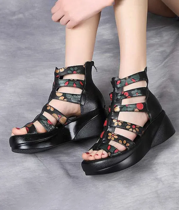 Leather Printed Wedge Heel Summer Sandals