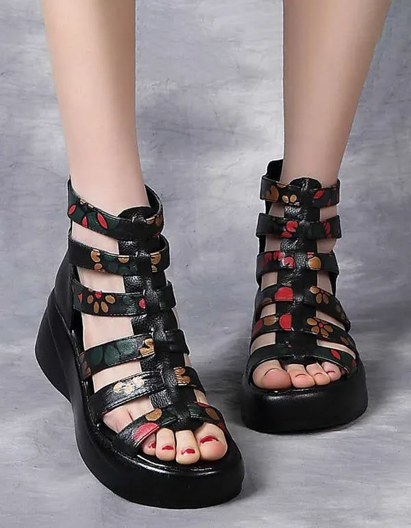 Leather Printed Wedge Heel Summer Sandals