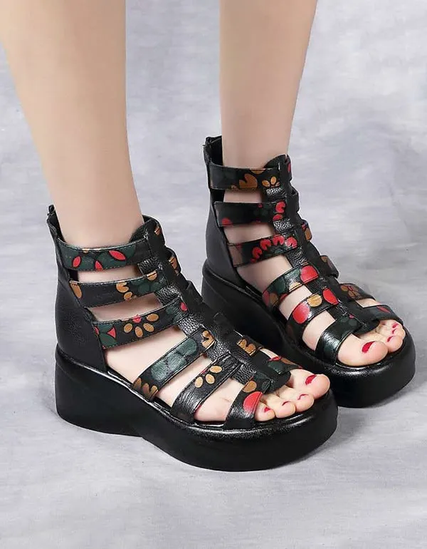 Leather Printed Wedge Heel Summer Sandals