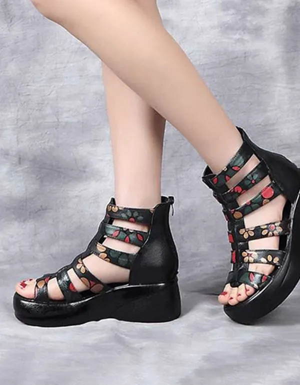 Leather Printed Wedge Heel Summer Sandals