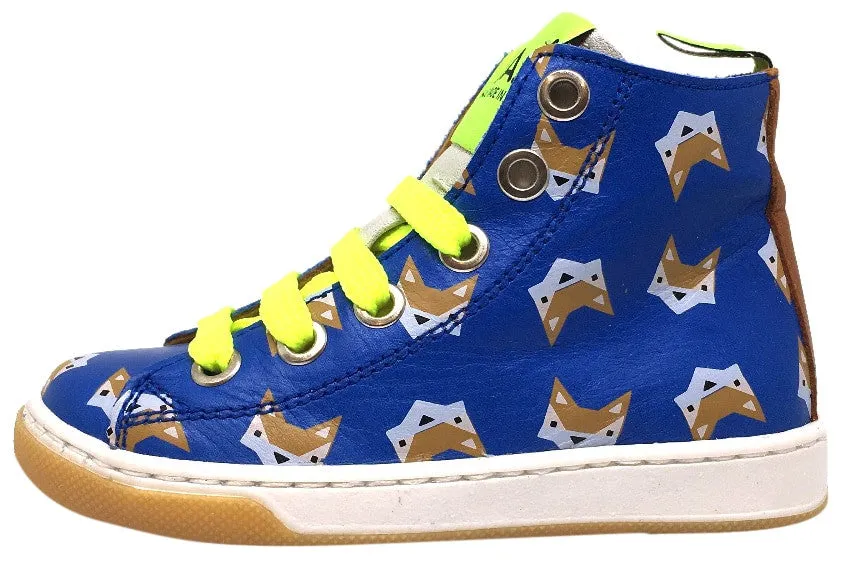 MAA Boy's and Girl's Blue Leather Fox Print Lace Up High Top Sneakers