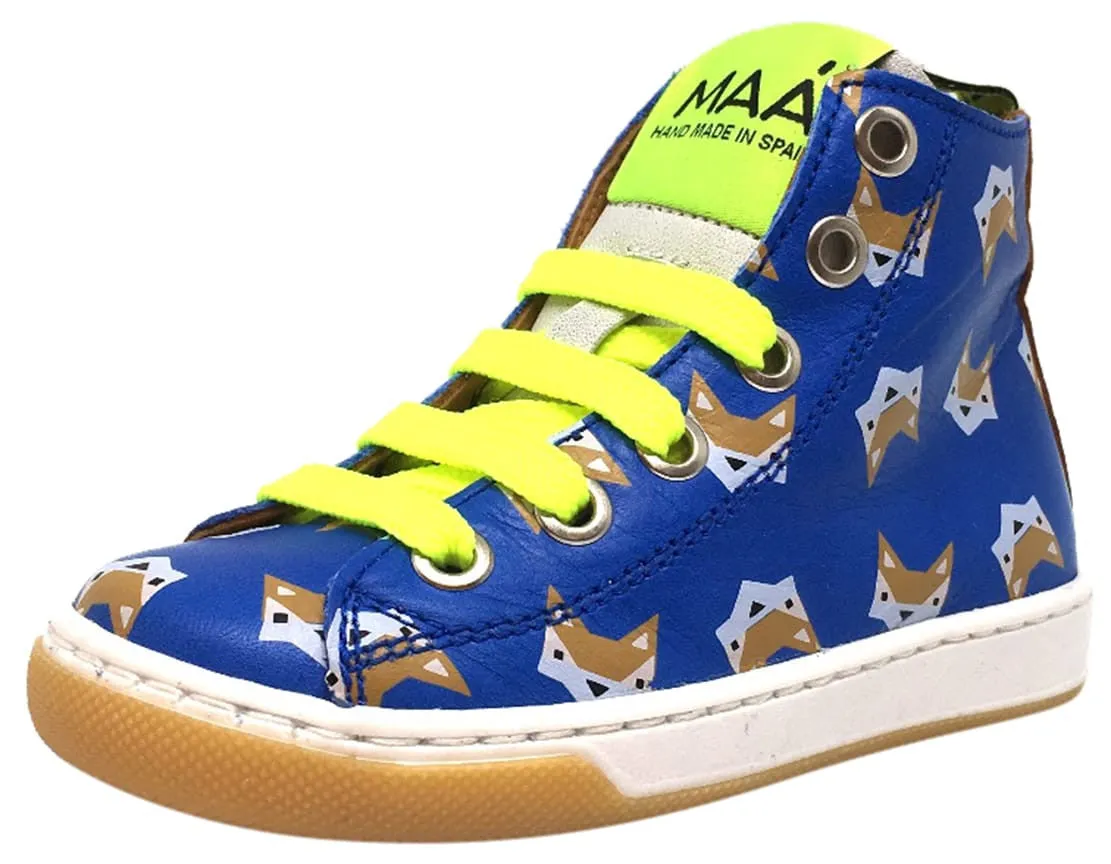 MAA Boy's and Girl's Blue Leather Fox Print Lace Up High Top Sneakers