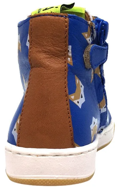 MAA Boy's and Girl's Blue Leather Fox Print Lace Up High Top Sneakers