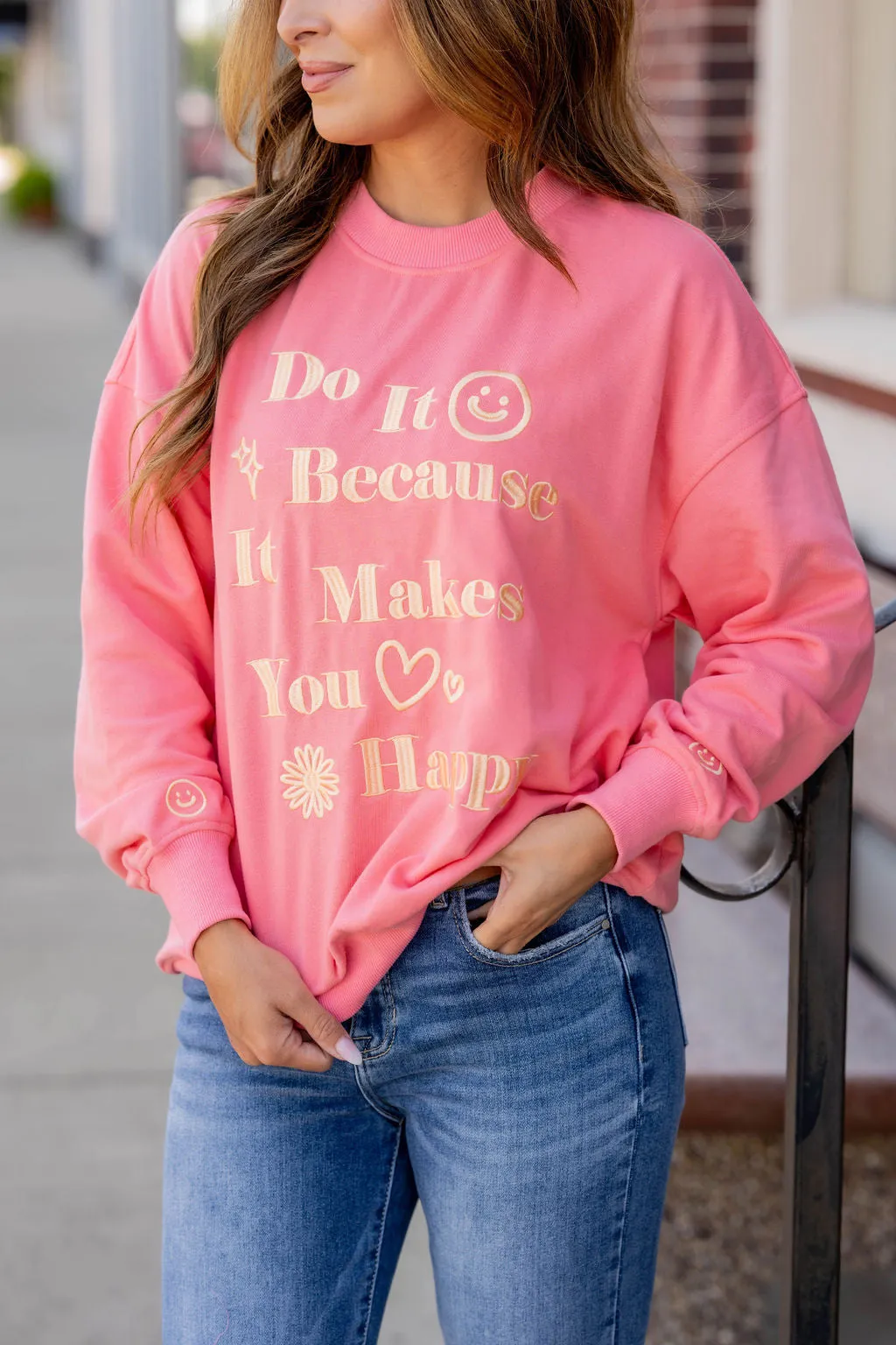 Makes You Happy Embroidered Graphic Crewneck