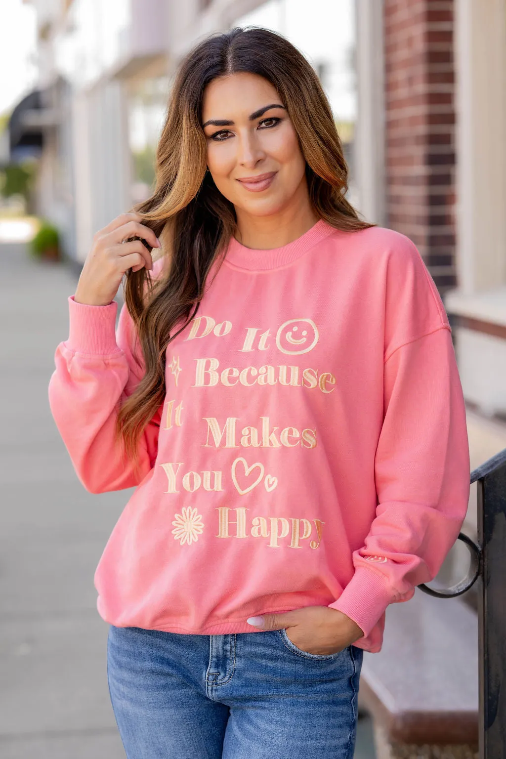 Makes You Happy Embroidered Graphic Crewneck