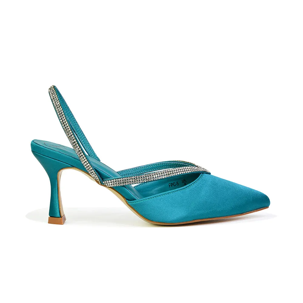 Marissa Pointed Toe Diamante Sling Back Strappy Stiletto Bridal Heels in Turquoise