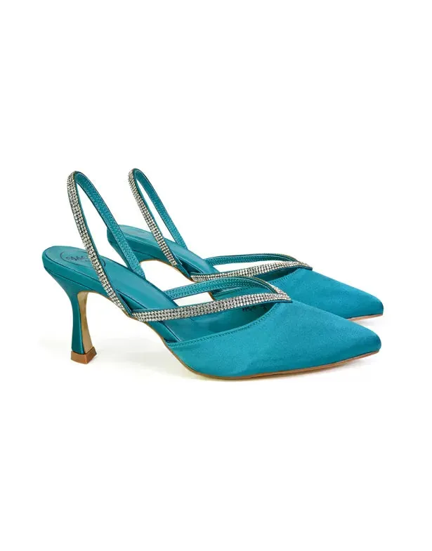 Marissa Pointed Toe Diamante Sling Back Strappy Stiletto Bridal Heels in Turquoise