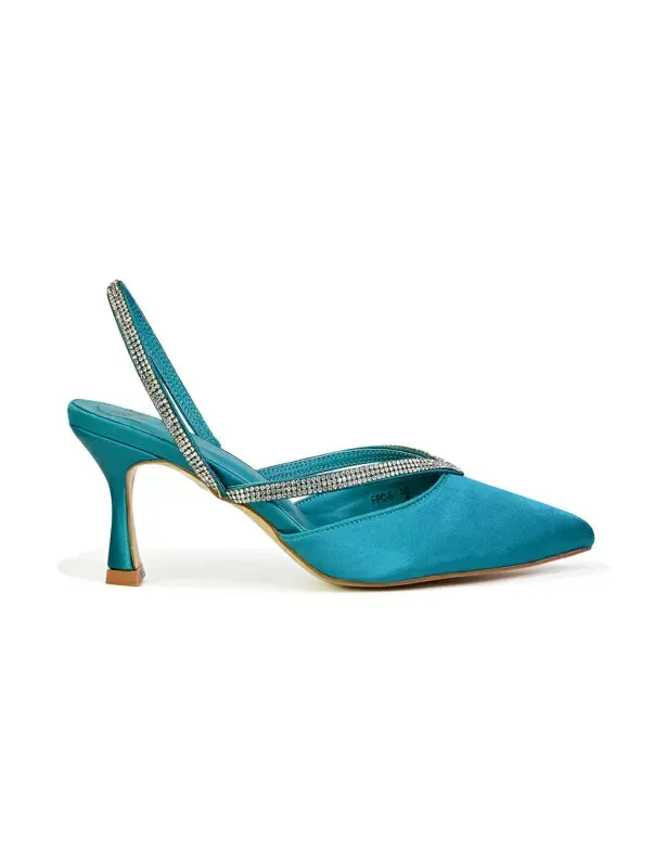 Marissa Pointed Toe Diamante Sling Back Strappy Stiletto Bridal Heels in Turquoise