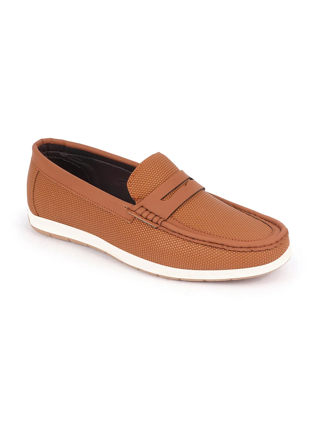 Men Tan Textured Design Casual Slip On Loafer Boat Shoes