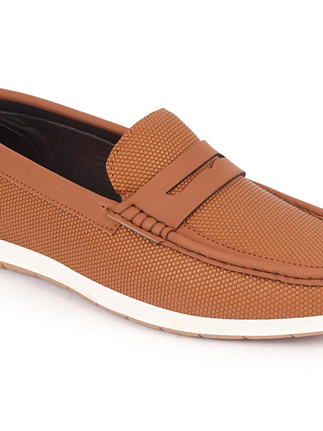 Men Tan Textured Design Casual Slip On Loafer Boat Shoes