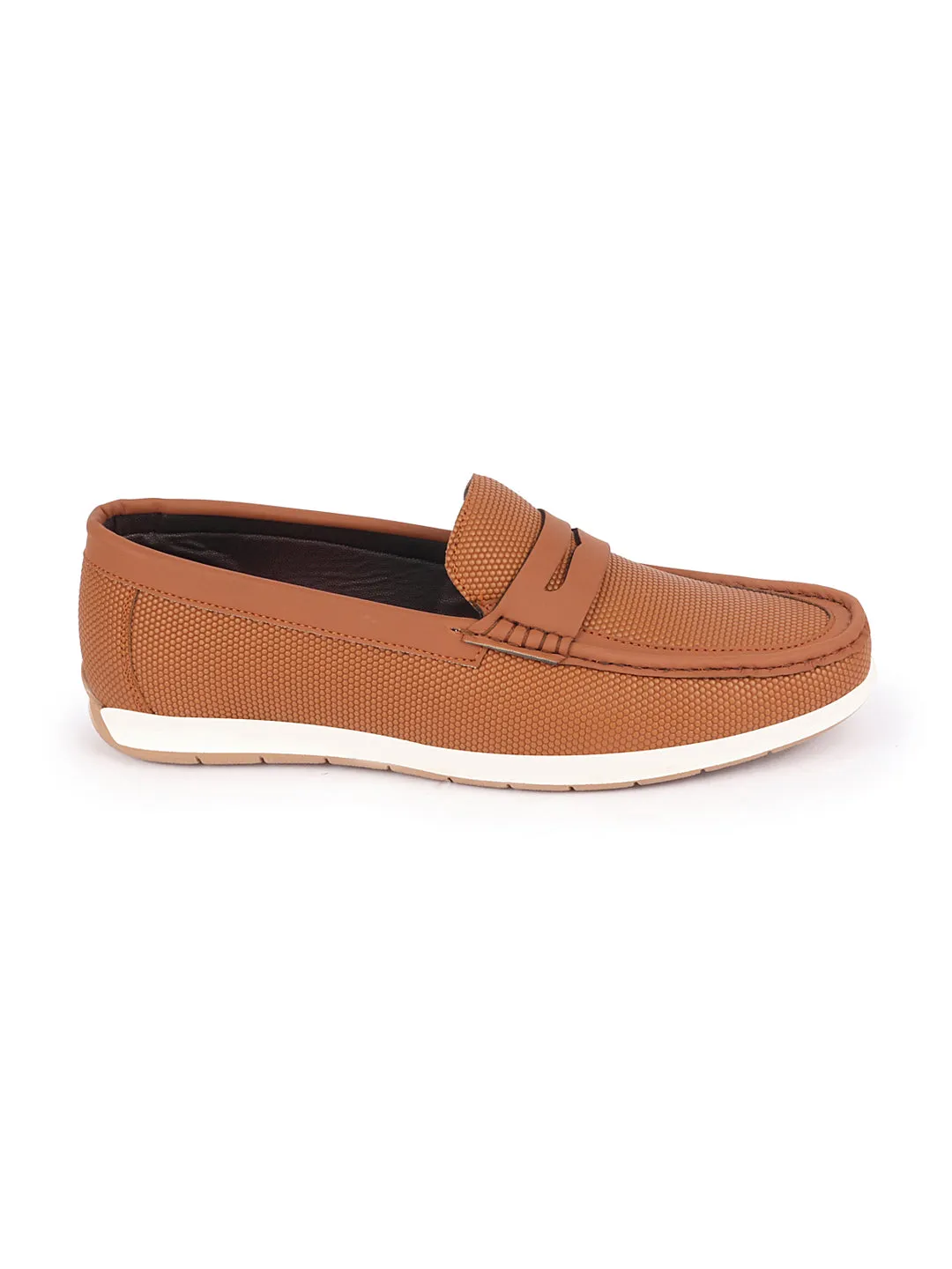 Men Tan Textured Design Casual Slip On Loafer Boat Shoes