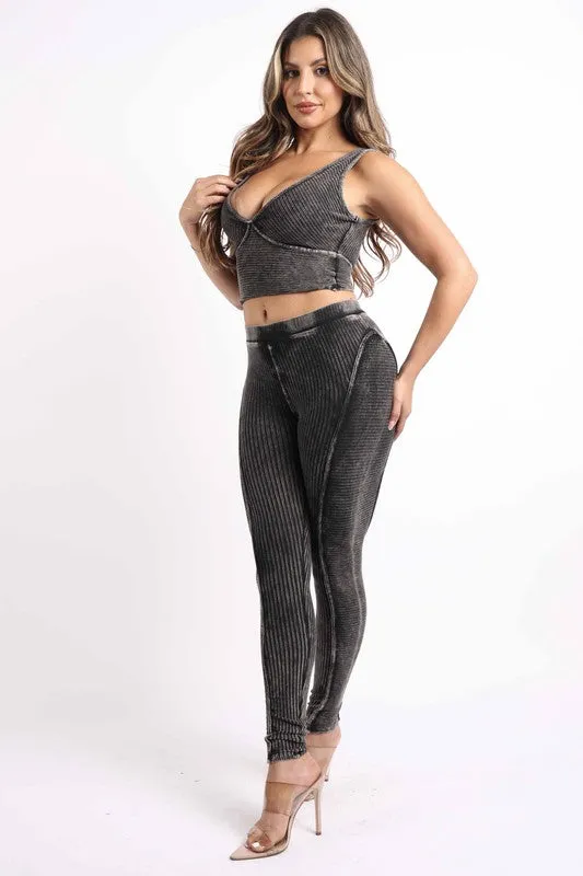 Mineral Washed Crop Top And Leggings Set (Plus)