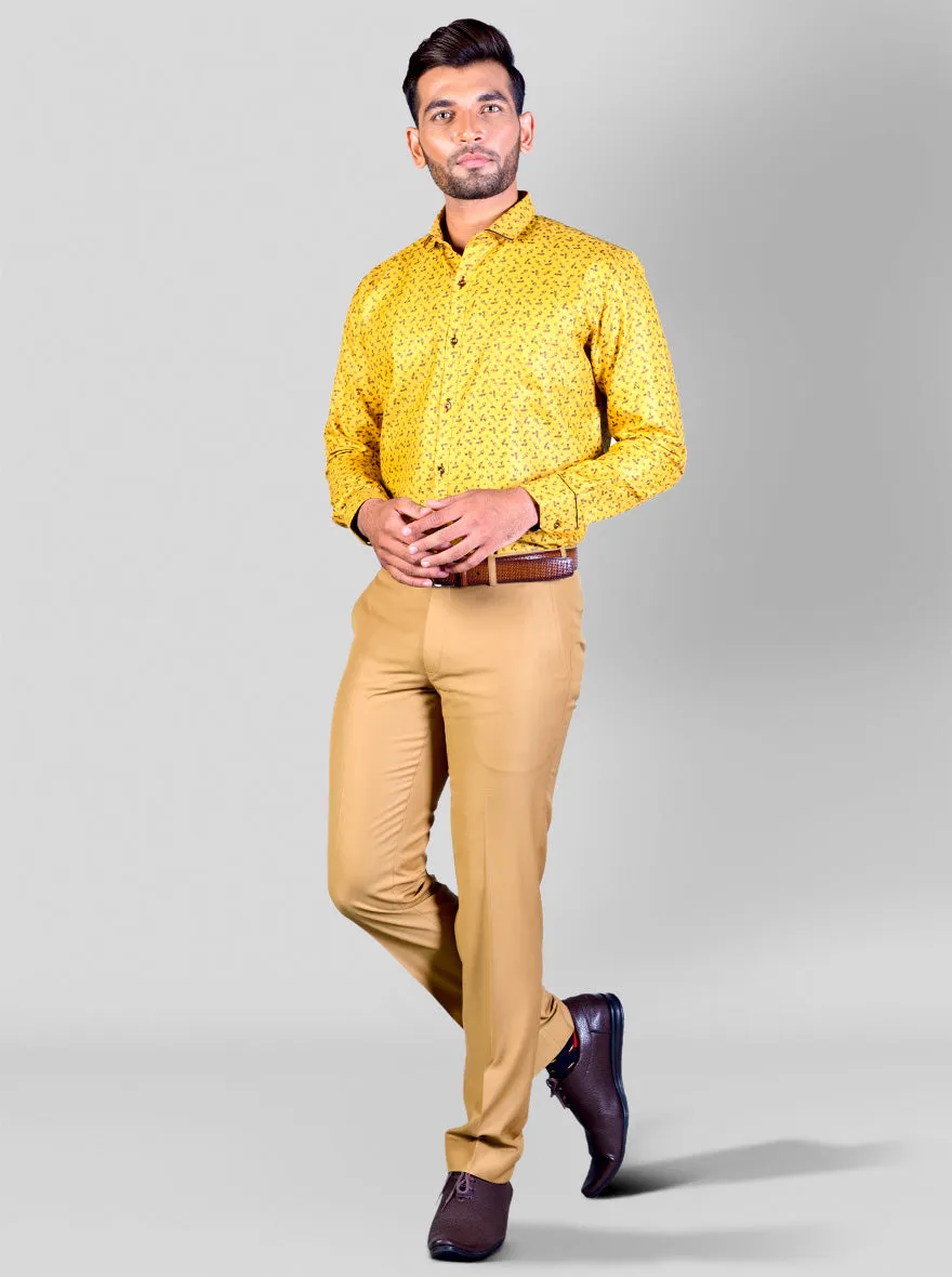 Mustard Yellow & Brown Printed Slim Fit Party Wear Shirt | Greenfibre