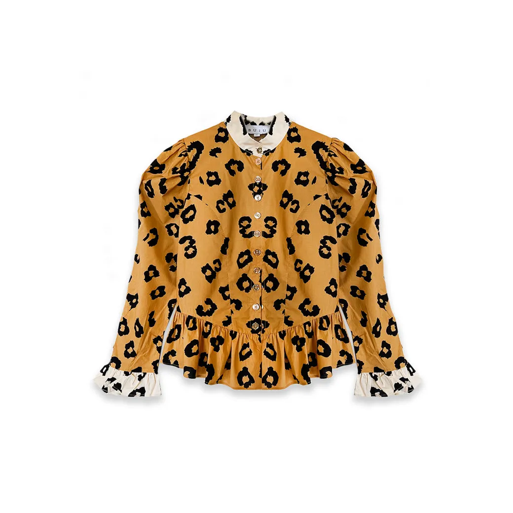 Peplum Puff Sleeve Button Down - Cheetah