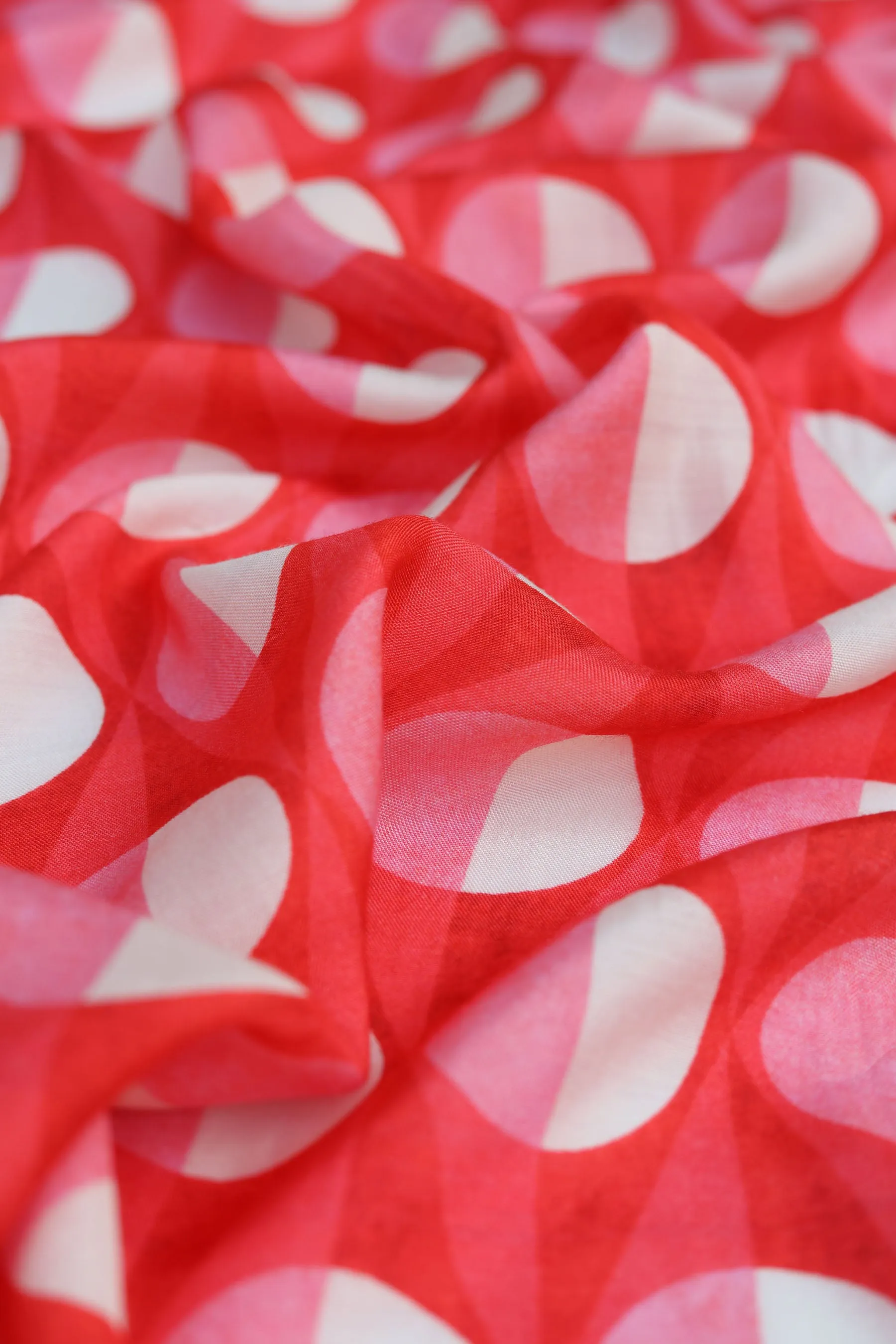 Pink-Red Geometric Printed Natural Muslin Silk Fabric