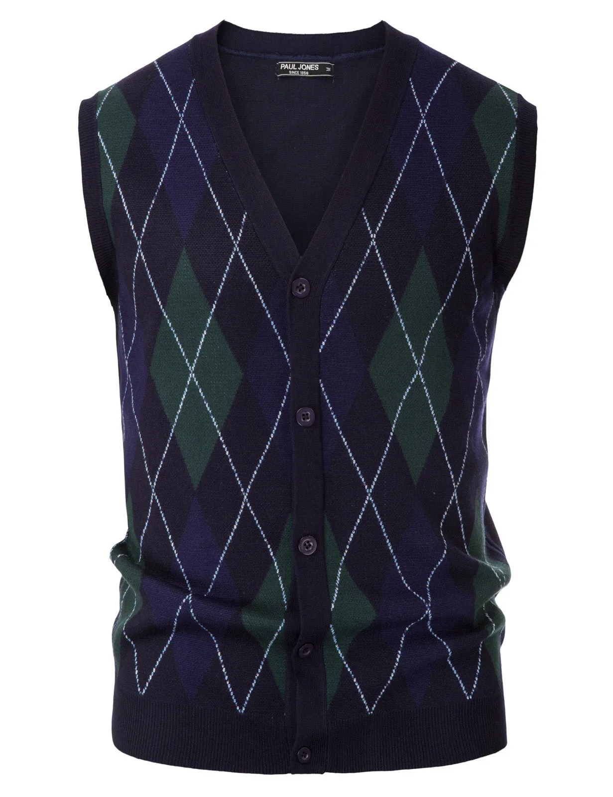 Pj Paul Jones Men Sleeveless Sweater Vest Contrast Color Diamond Pattern Button Placket