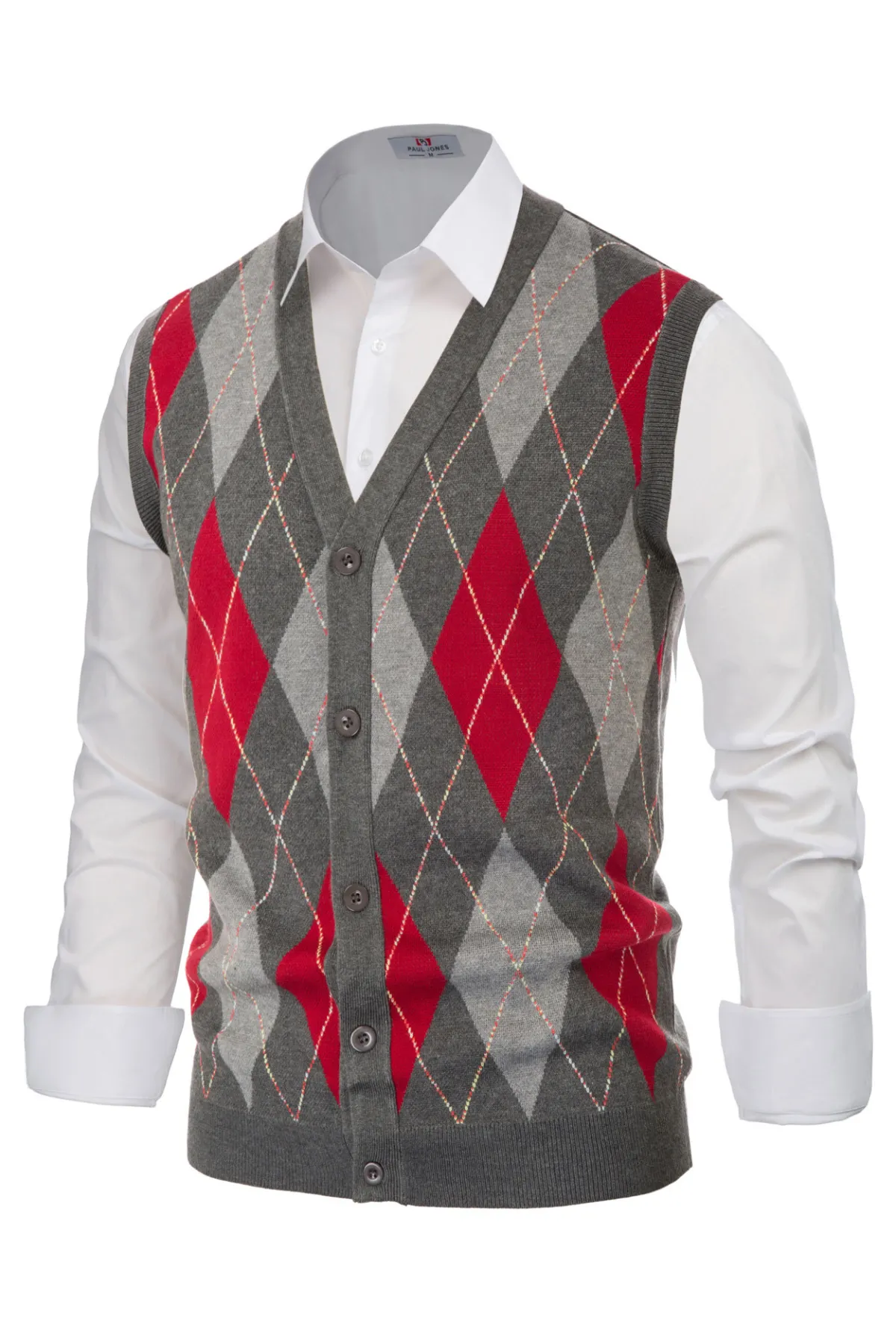 Pj Paul Jones Men Sleeveless Sweater Vest Contrast Color Diamond Pattern Button Placket