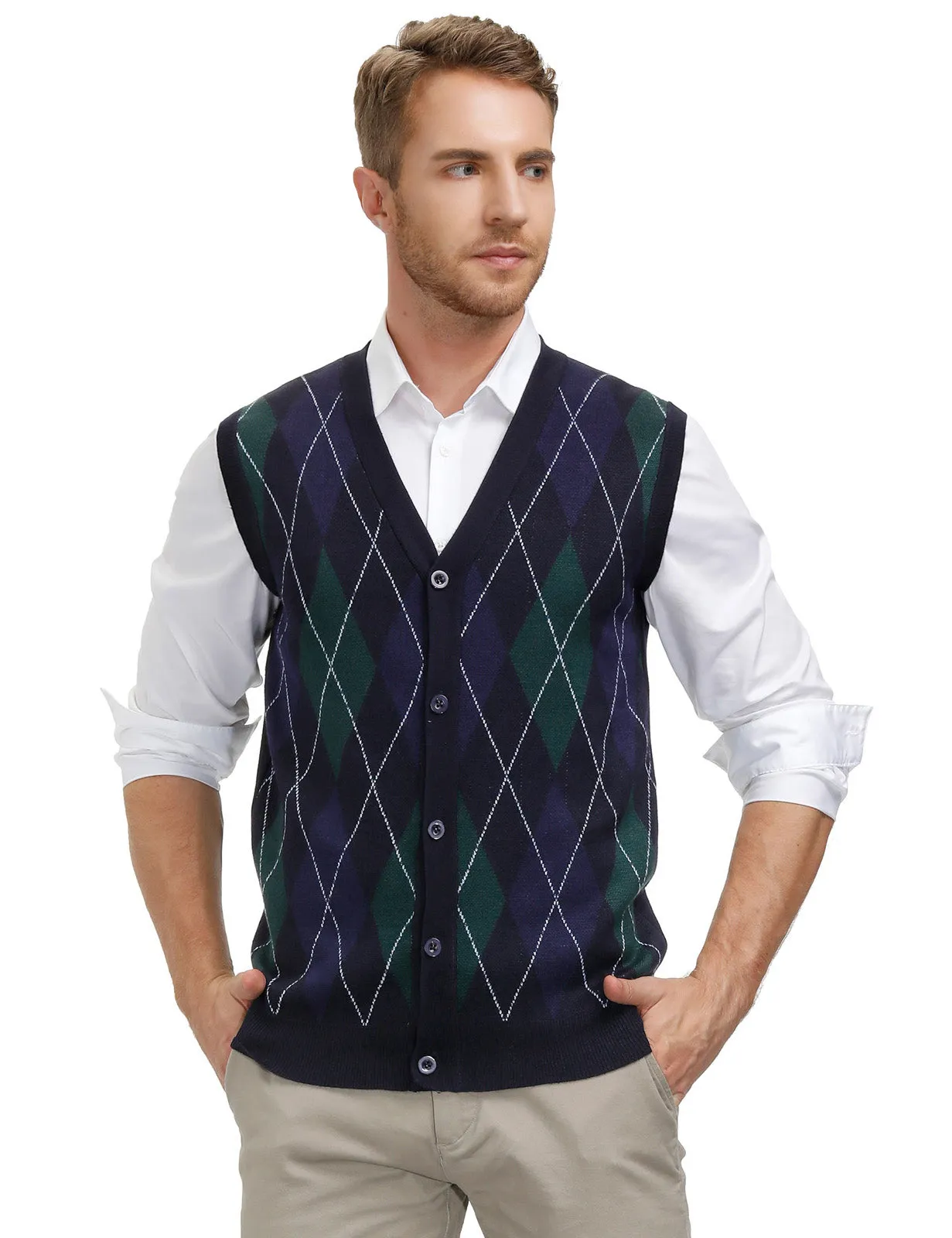 Pj Paul Jones Men Sleeveless Sweater Vest Contrast Color Diamond Pattern Button Placket