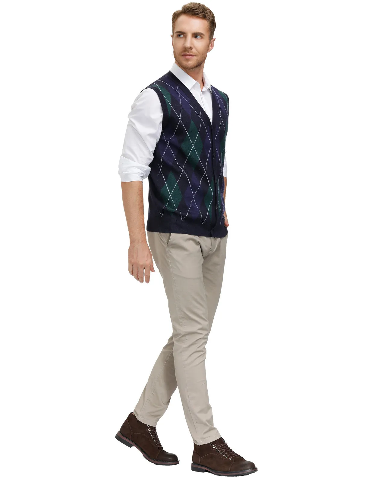 Pj Paul Jones Men Sleeveless Sweater Vest Contrast Color Diamond Pattern Button Placket