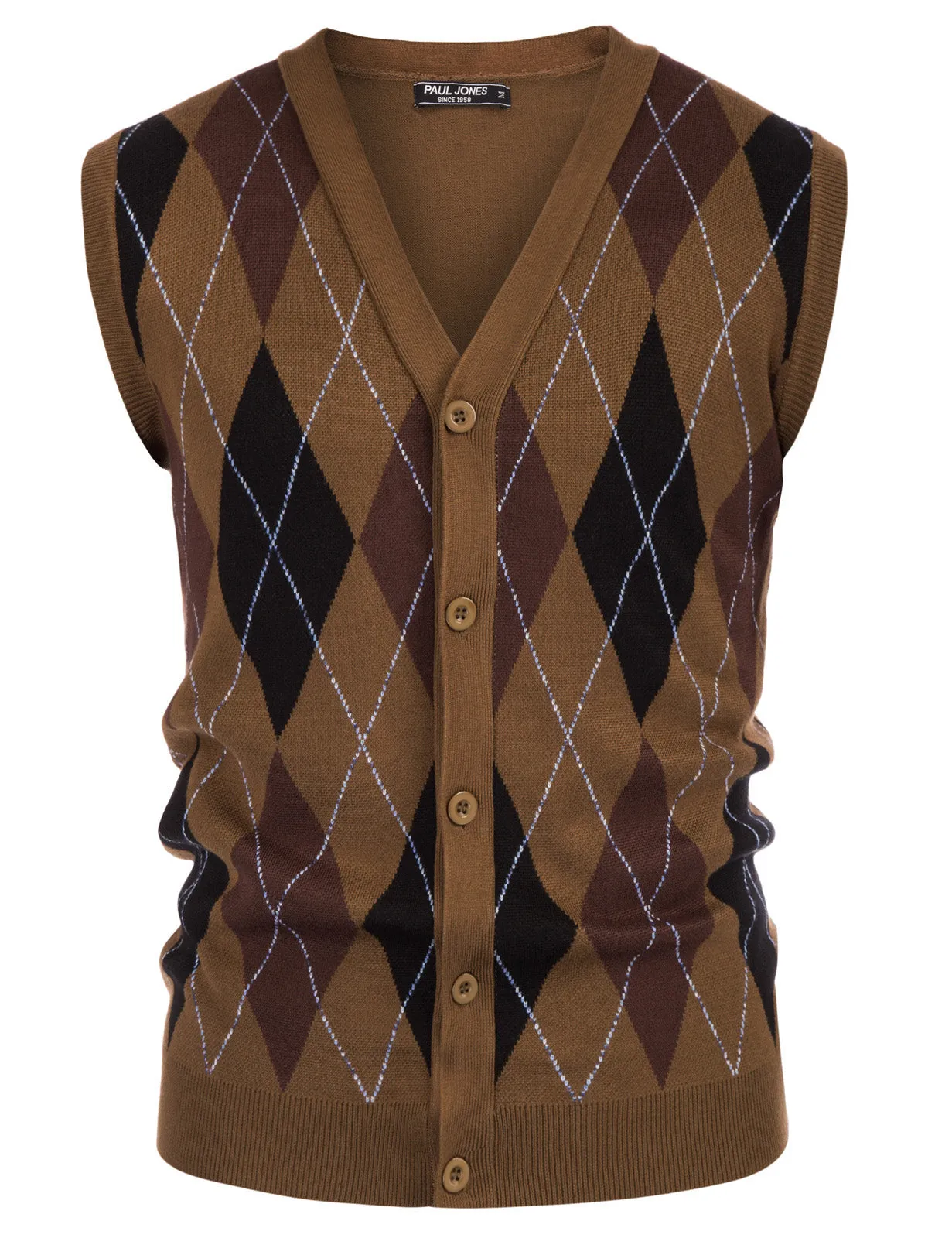 Pj Paul Jones Men Sleeveless Sweater Vest Contrast Color Diamond Pattern Button Placket