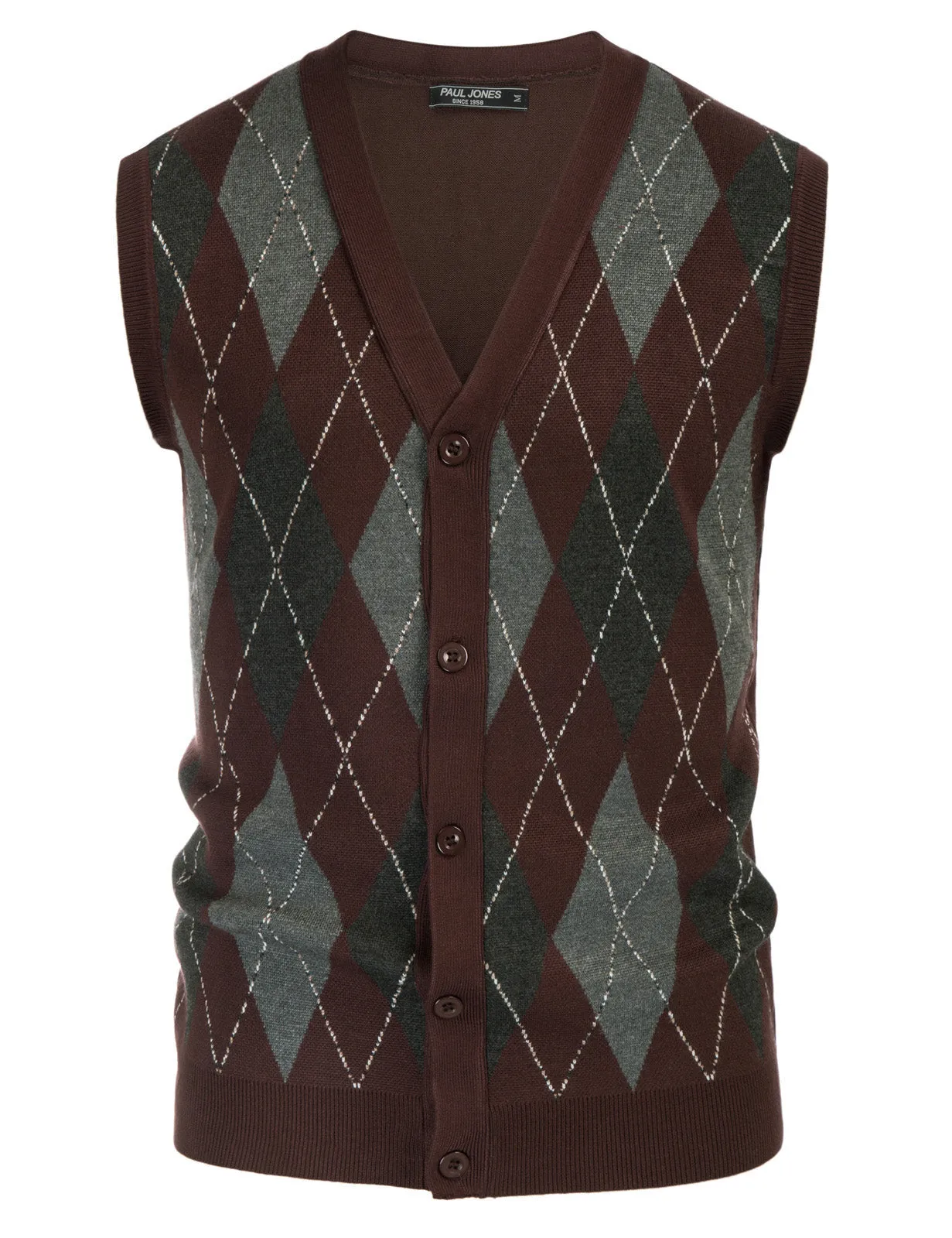 Pj Paul Jones Men Sleeveless Sweater Vest Contrast Color Diamond Pattern Button Placket