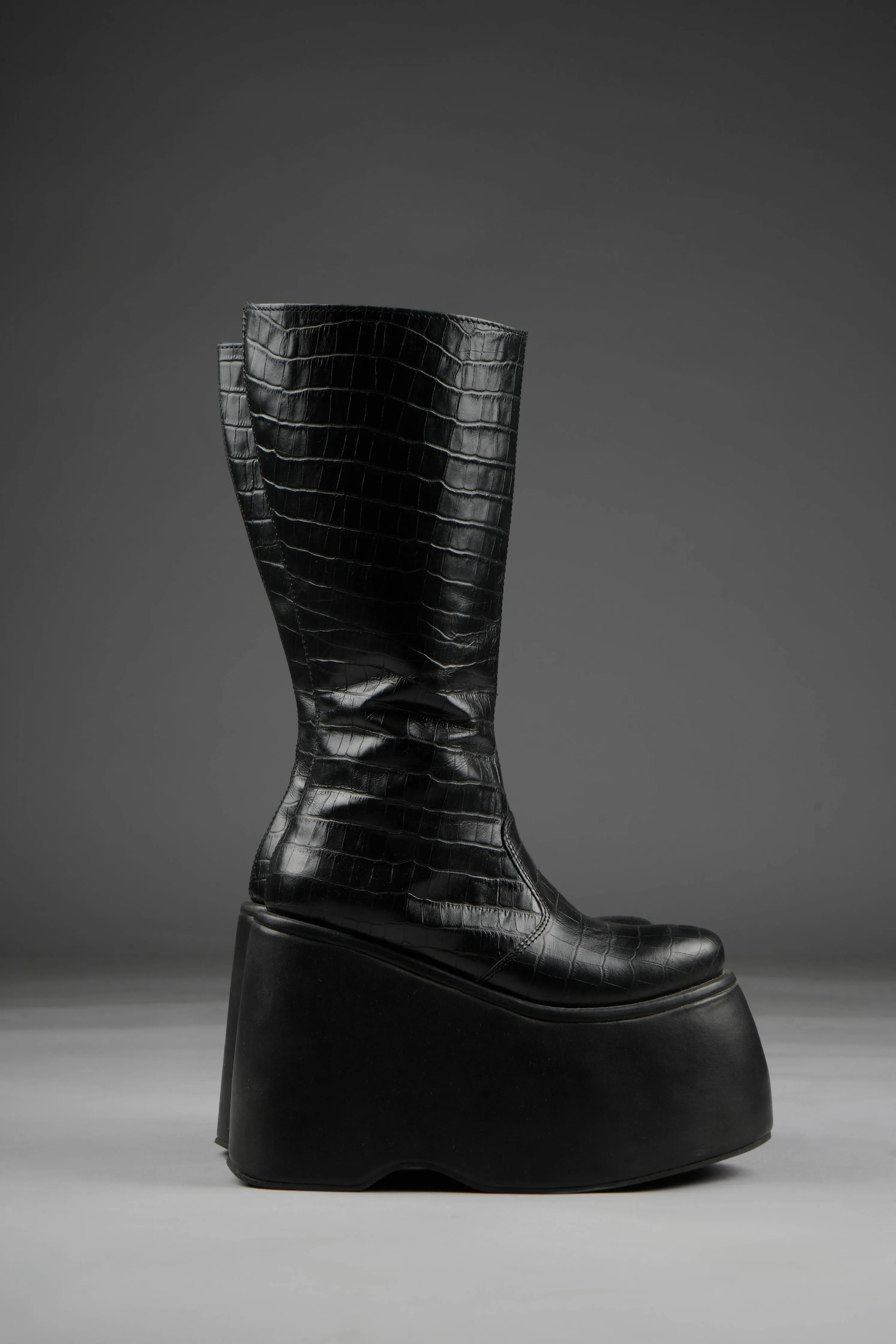 Pluto High Platform Boots in Black Croc