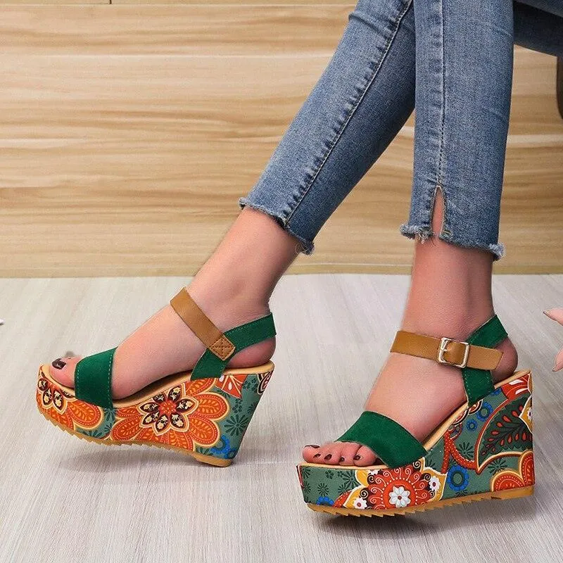 Printed Peep Toe Wedge Shoes