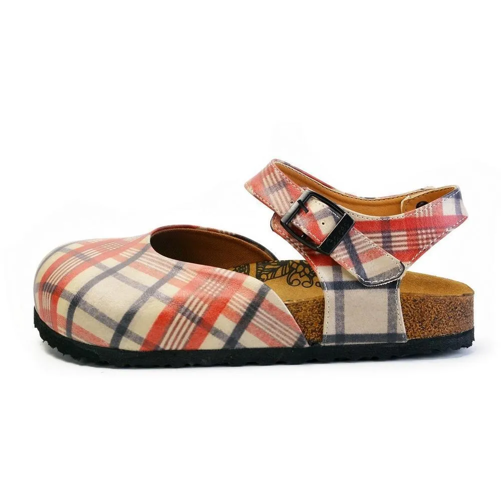 Red, Beige, Black Lines and Red Rose Patterned Clogs - CAL1601