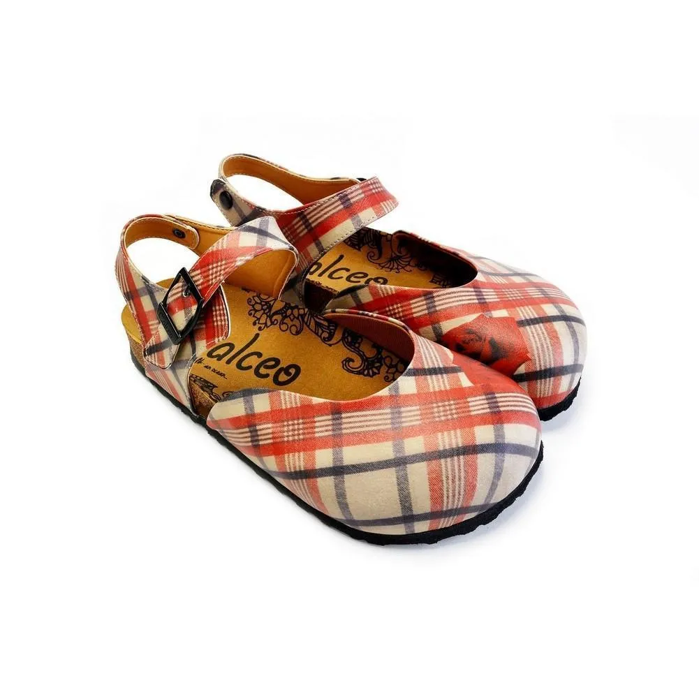 Red, Beige, Black Lines and Red Rose Patterned Clogs - CAL1601