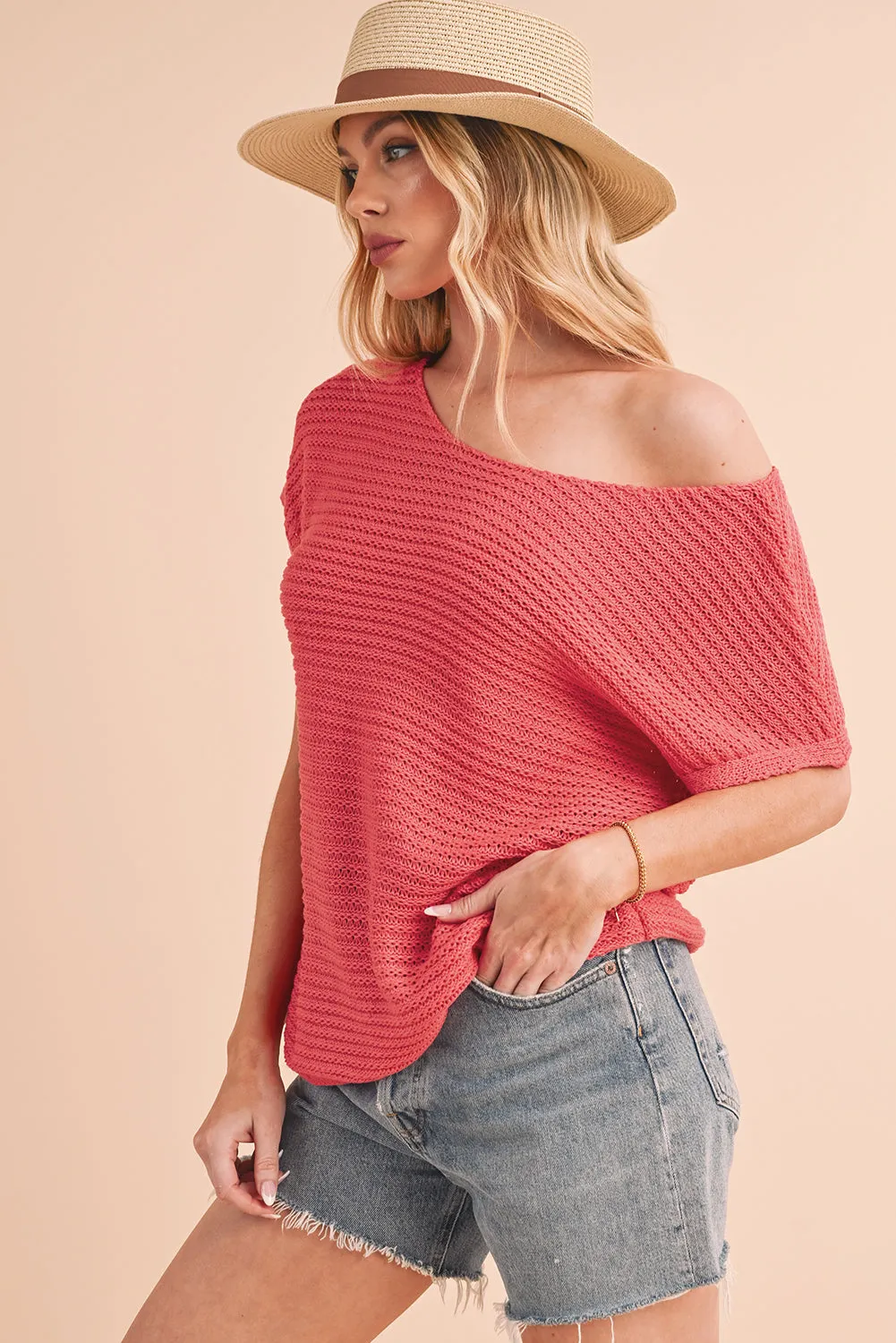 Red Clay Plain Knit Loose Batwing Sleeve Blouse