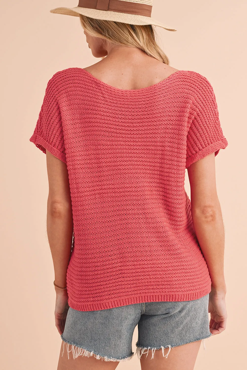 Red Clay Plain Knit Loose Batwing Sleeve Blouse