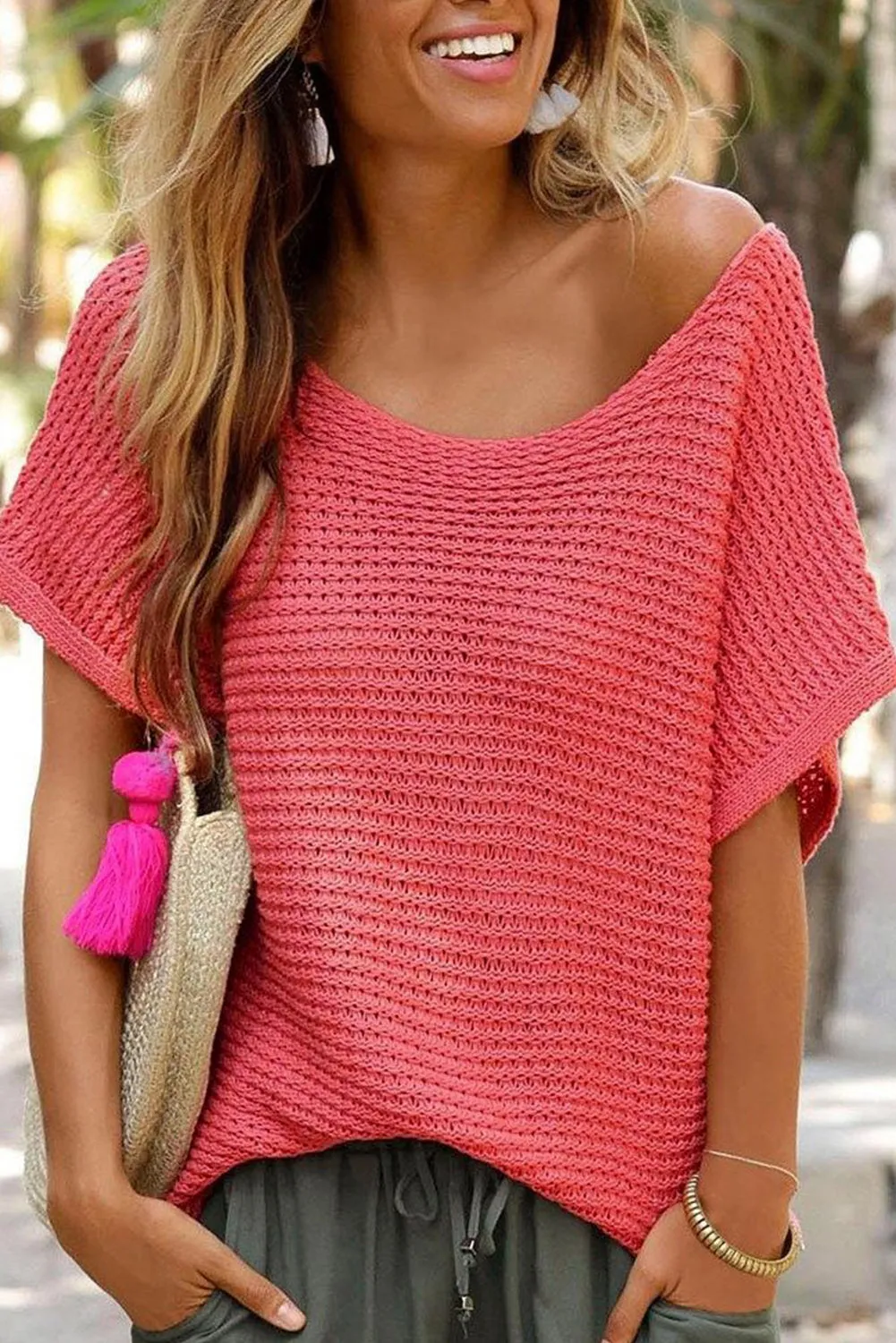 Red Clay Solid Loose Knit Short Dolman Sleeve Sweater