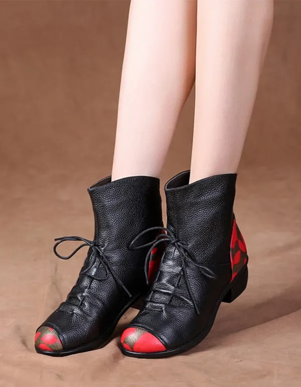 Retro Ethnic Style Printed Leather Chunky Boots