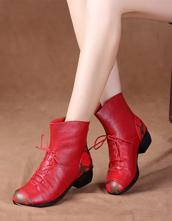 Retro Ethnic Style Printed Leather Chunky Boots