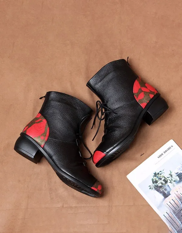 Retro Ethnic Style Printed Leather Chunky Boots