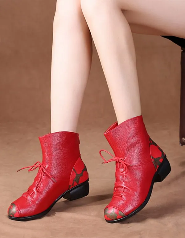 Retro Ethnic Style Printed Leather Chunky Boots