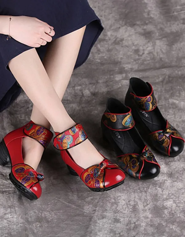 Retro Leather Handmade Printed Chunky Heels