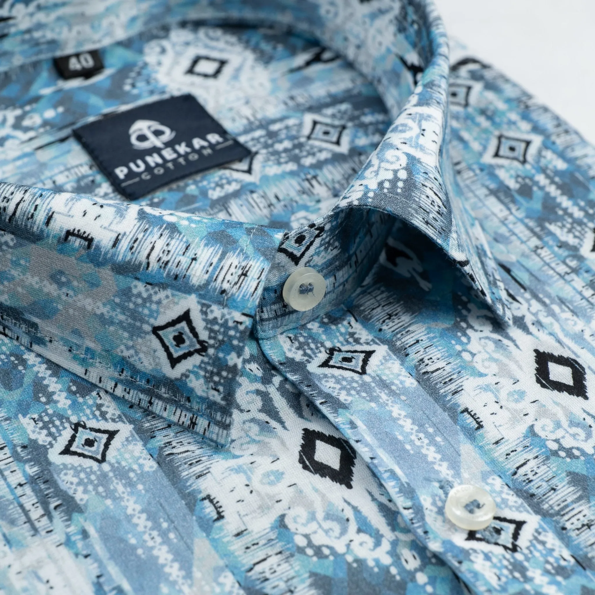 Sea Blue Color Moroccan Printed Wool Cotton Shirt For Men