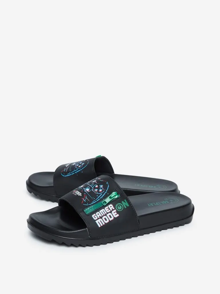 SOLEPLAY Black Printed Zipper Design Slides