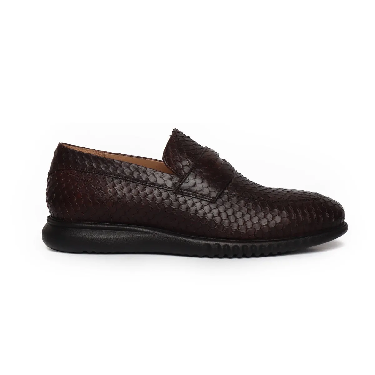 Super Flexible Brown Leather Loafers With Snake Skin Textured