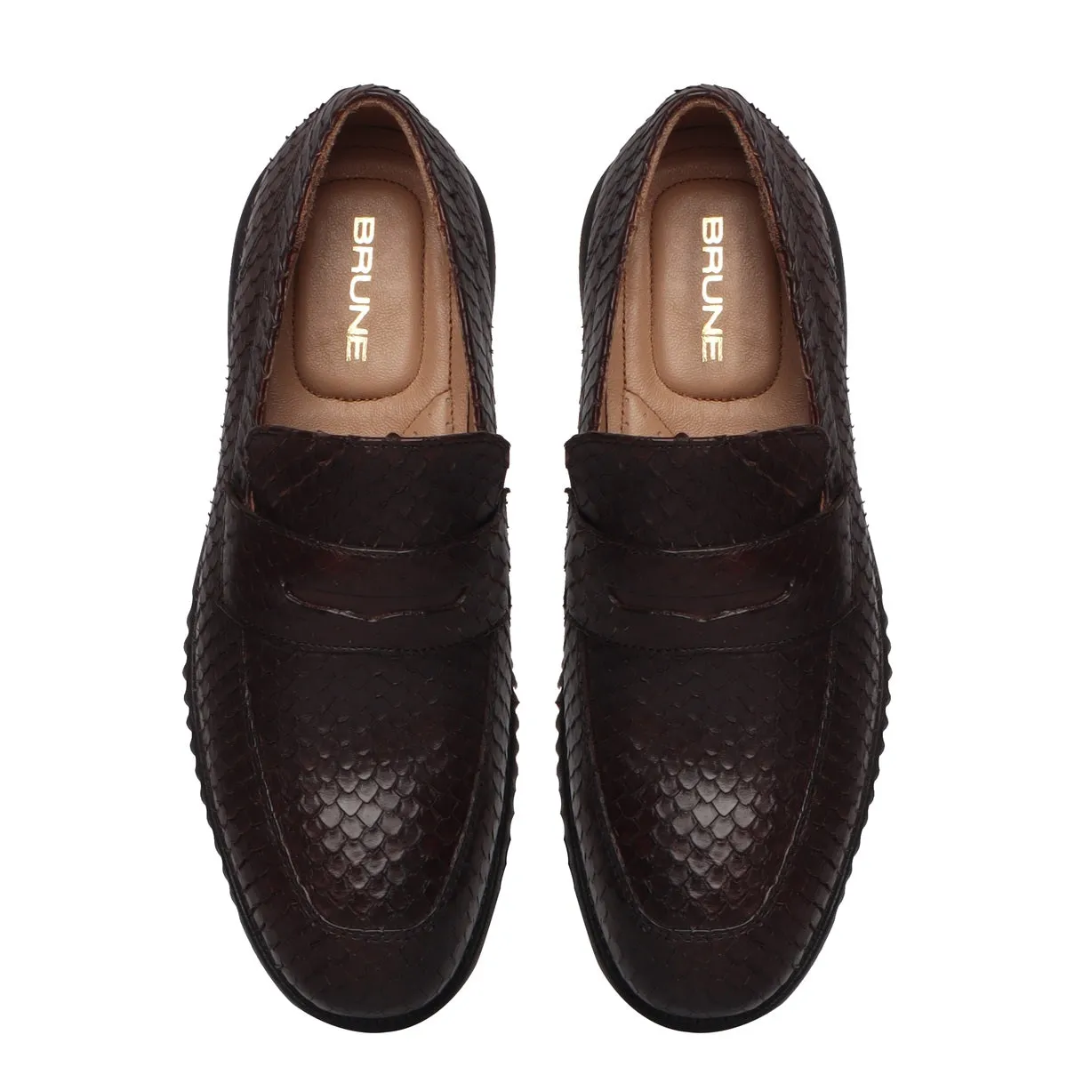 Super Flexible Brown Leather Loafers With Snake Skin Textured