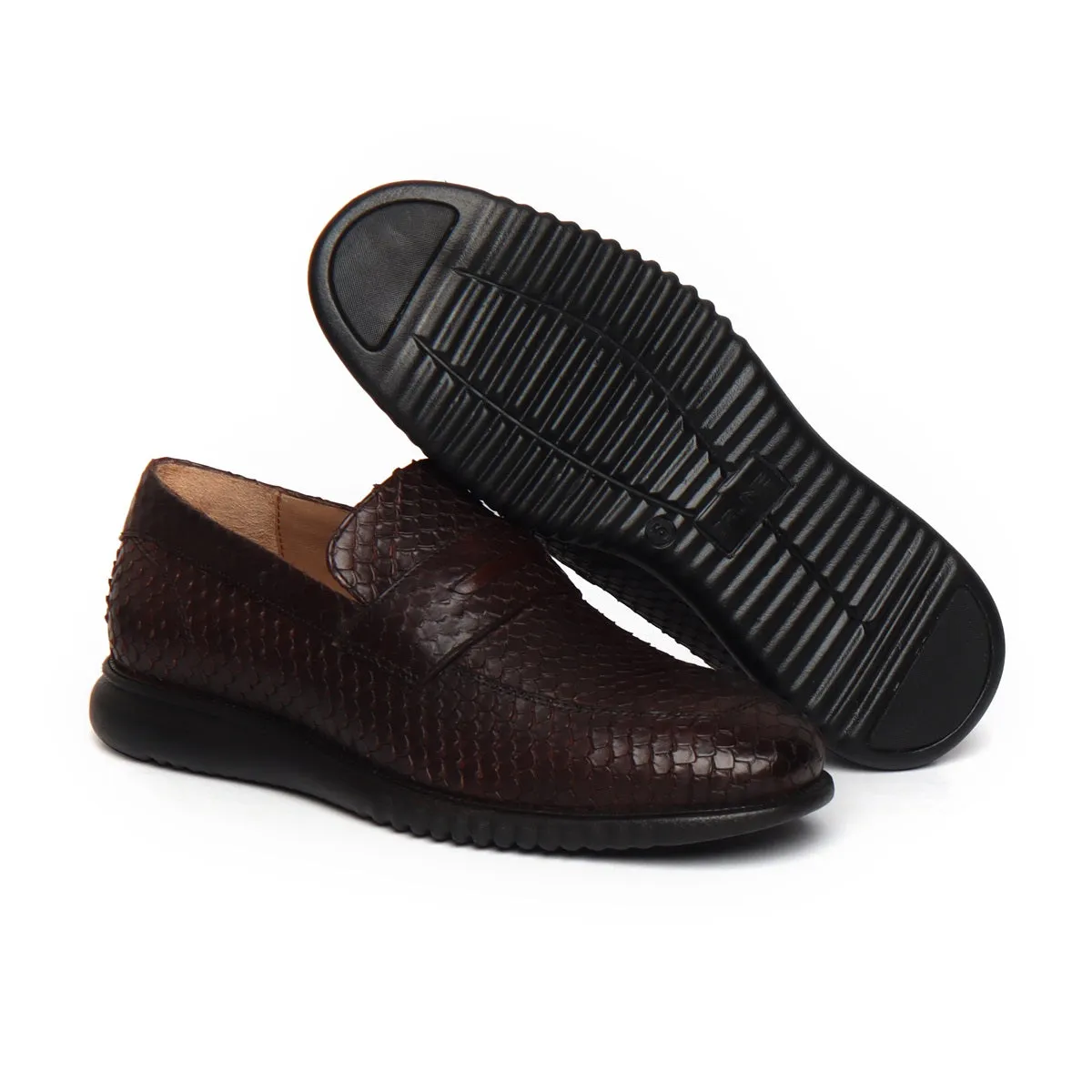 Super Flexible Brown Leather Loafers With Snake Skin Textured