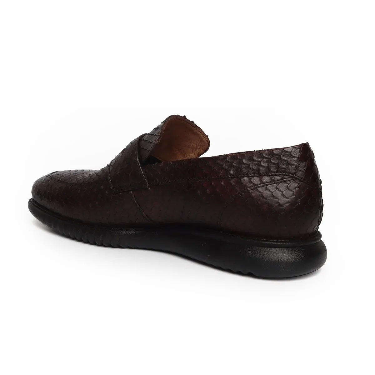 Super Flexible Brown Leather Loafers With Snake Skin Textured