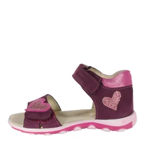 Szamos Kid Girl Sandals In Burgundy Color And Heart Pattern Double Velcro Strap - Made In Europe