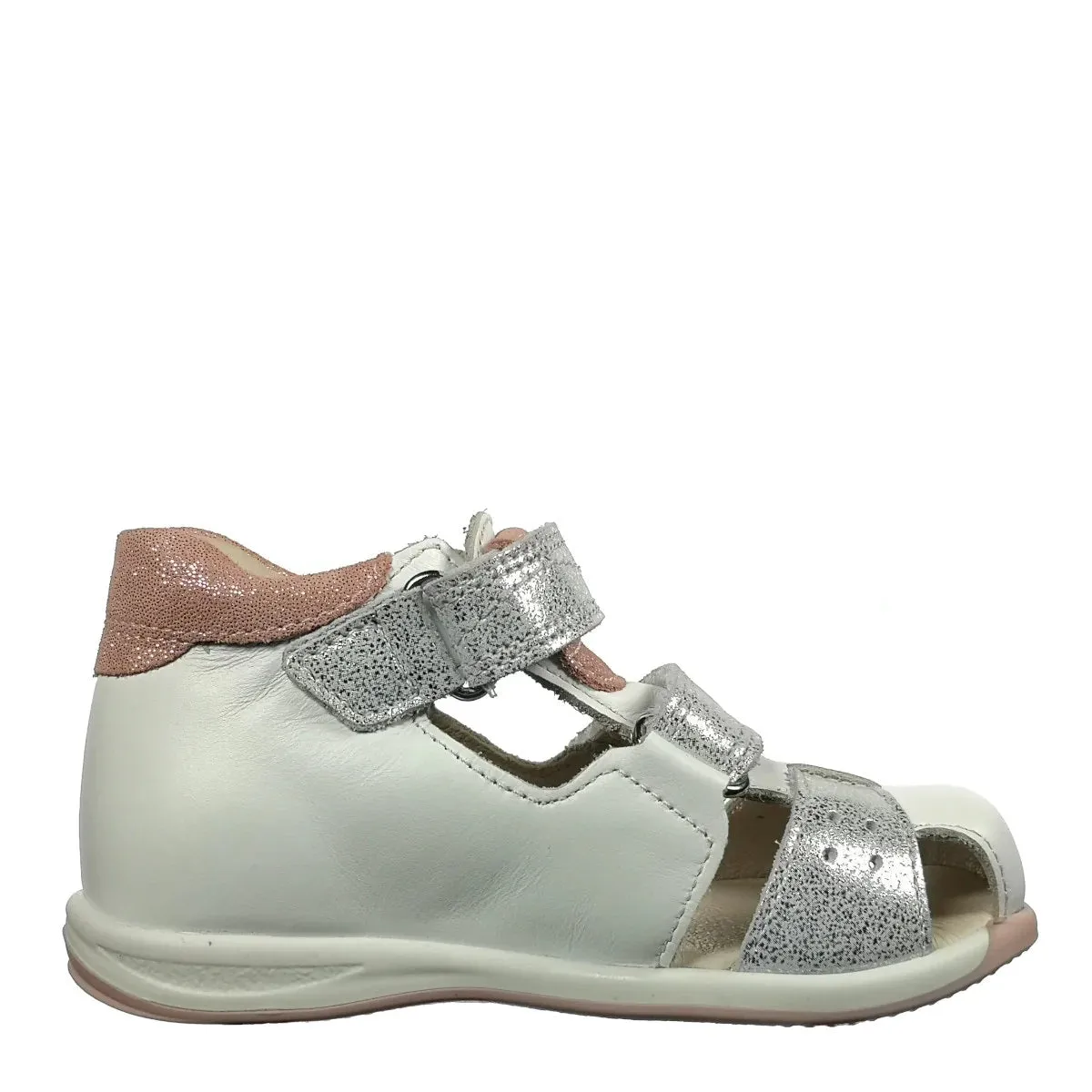 Szamos Kid Girl Sandals In White Color And Flower Pattern With Silver Glitter Double Velcro Strap - Made In Europe