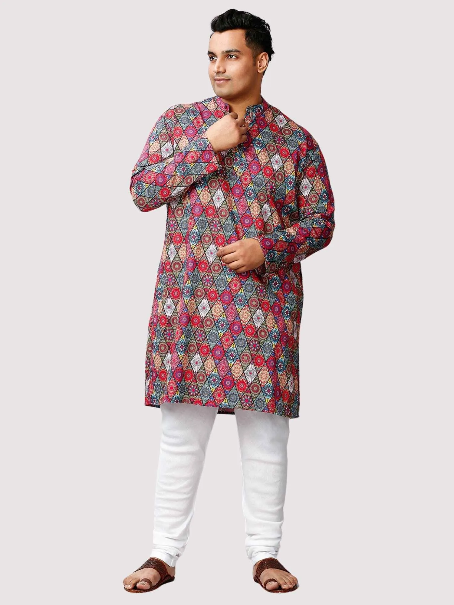 Uphaar Printed Red White Kurta Men's Plus Size