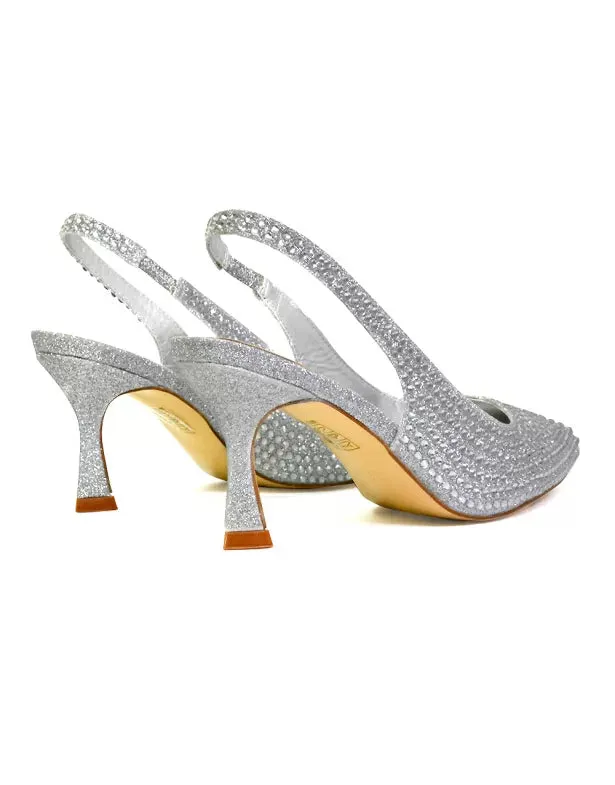 Vaia Pointed Toe Sling Back Diamante Bridal Heels Court Shoes in SIlver